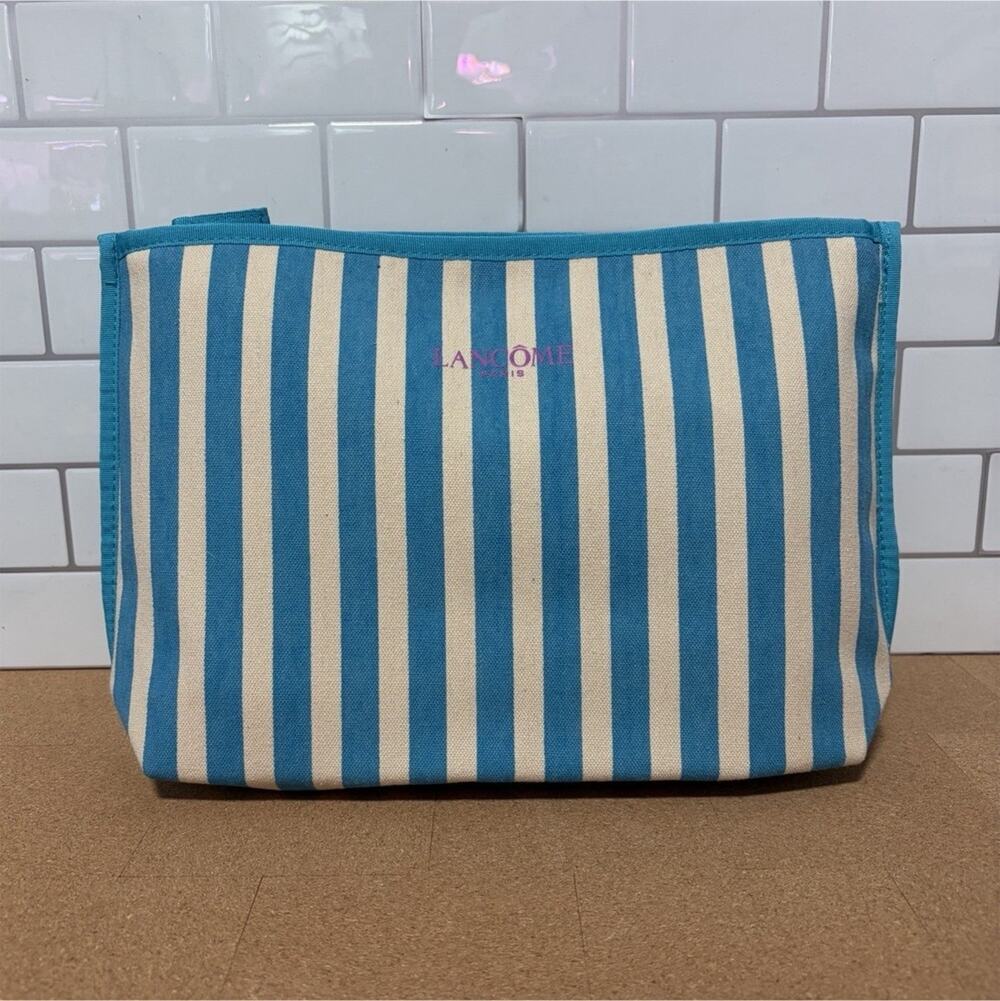 Lancôme Paris Blue White Striped Cosmetic Bag Makeup Pouch Travel Toiletry Case